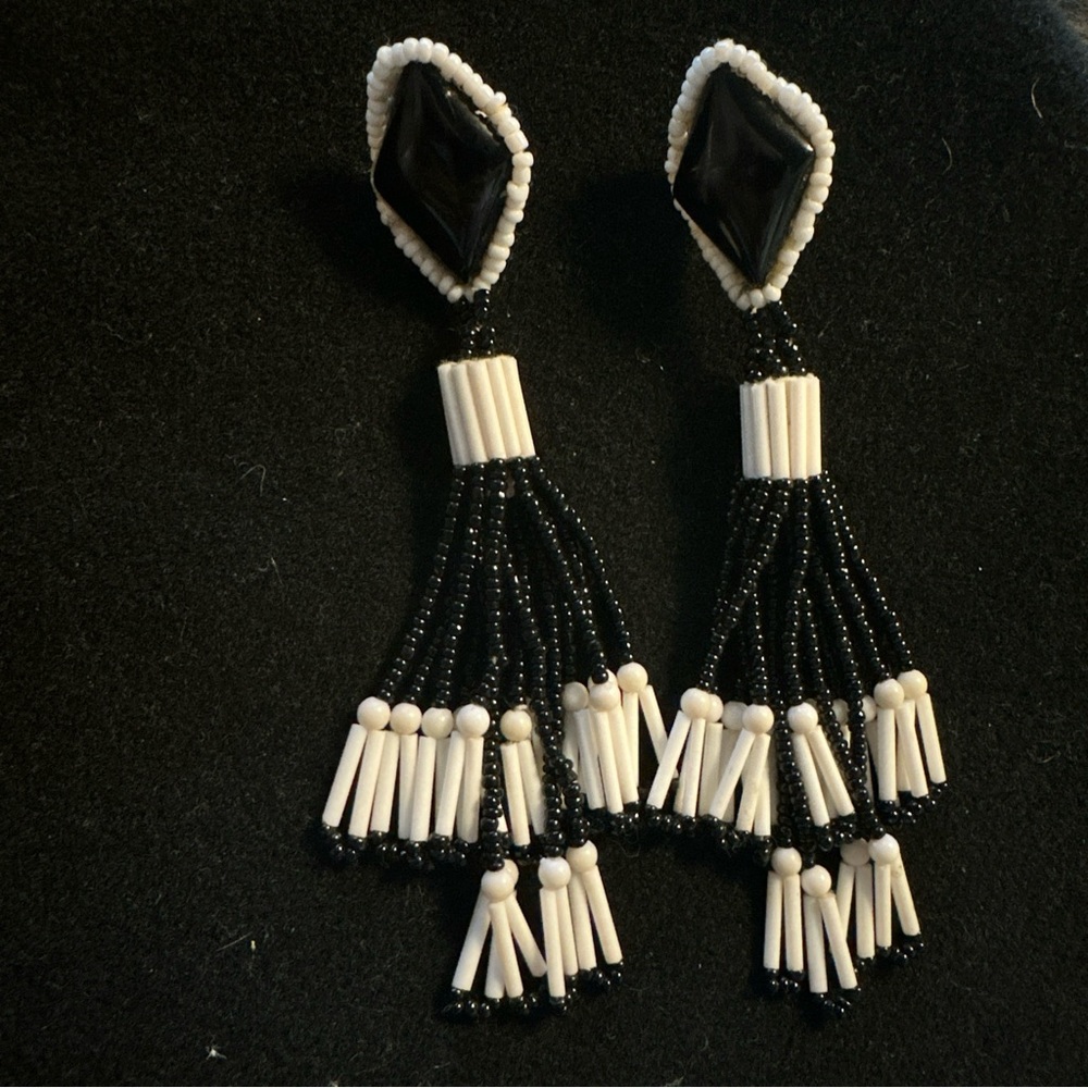 Vintage Chipita Striped Bead Fringe Drop Earrings Black And White